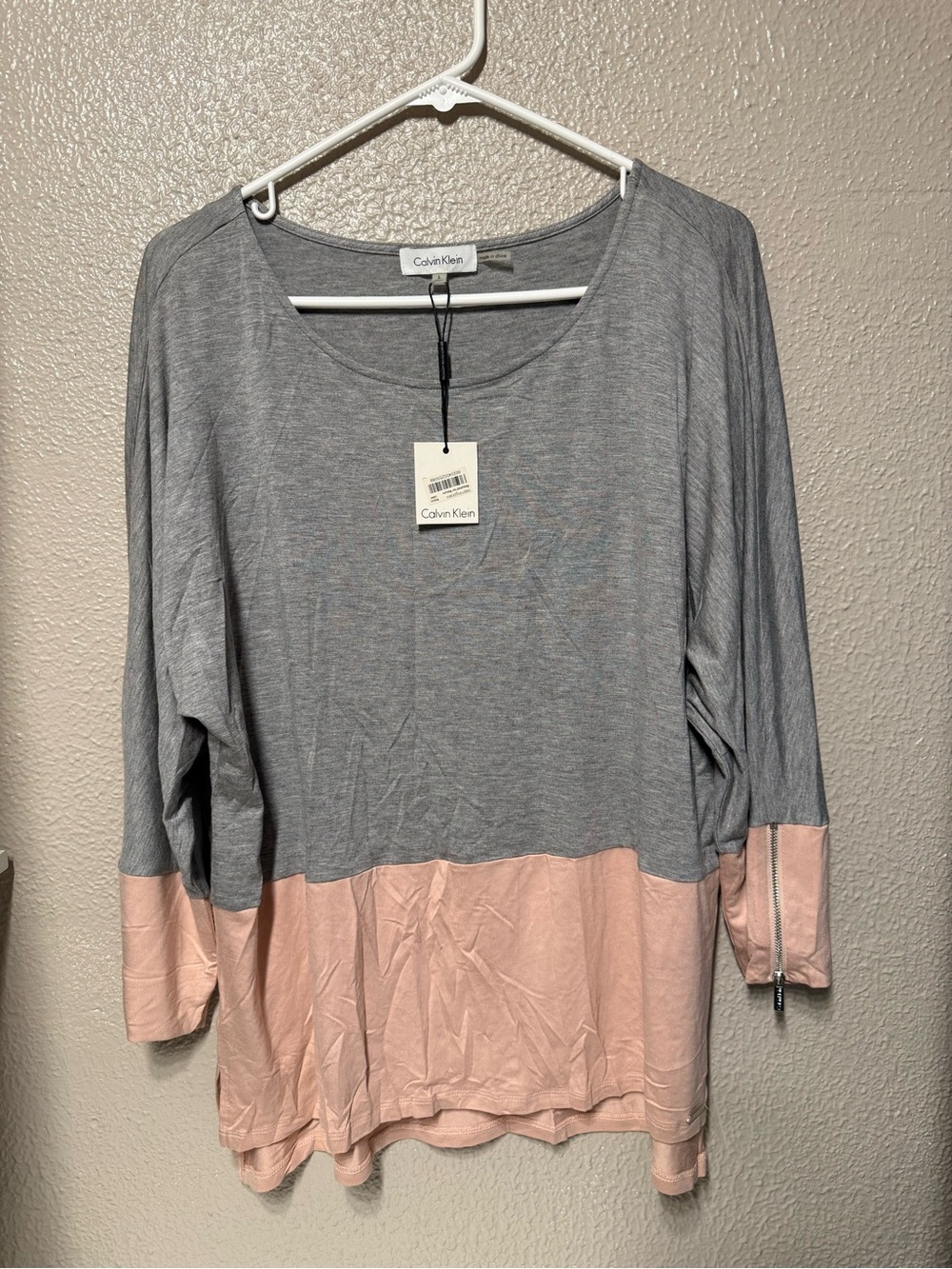 Calvin Klein Gray and Blush Colorblock Long Sleeve Tee with Sleeve Zip